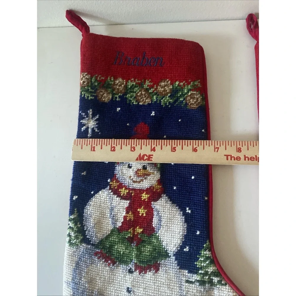 Christmas Snowman Lot of 2 Stockings Wool Needlepoint By Hand Red Velvet